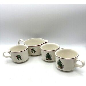 4 Piece Vintage Cuthbertson Christmas Tree Holly Berry Cups and Pitcher Set